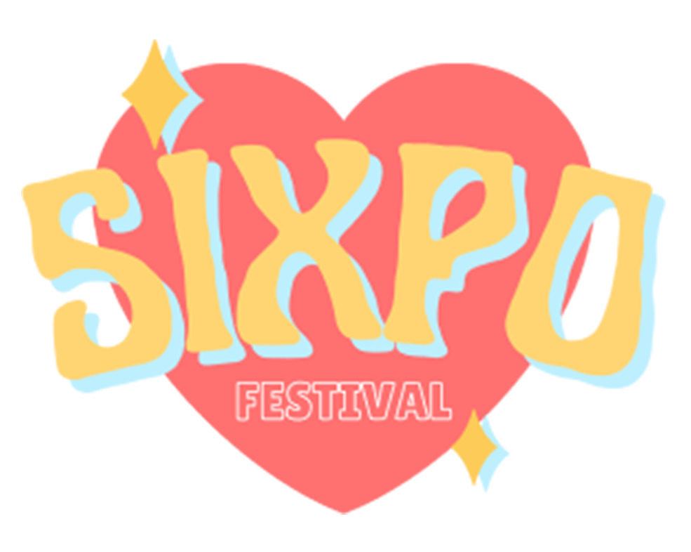 SIXpo logo: a bright pink heart with the word SIXPO in yellow across the front and the word Festival printed in outlined letters below.